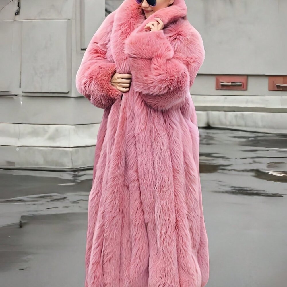Pink Casual Womens Luxurious Waterfall Neckline Flowy  Faux Fur Long Jacket Coat - Picture 6 of 8